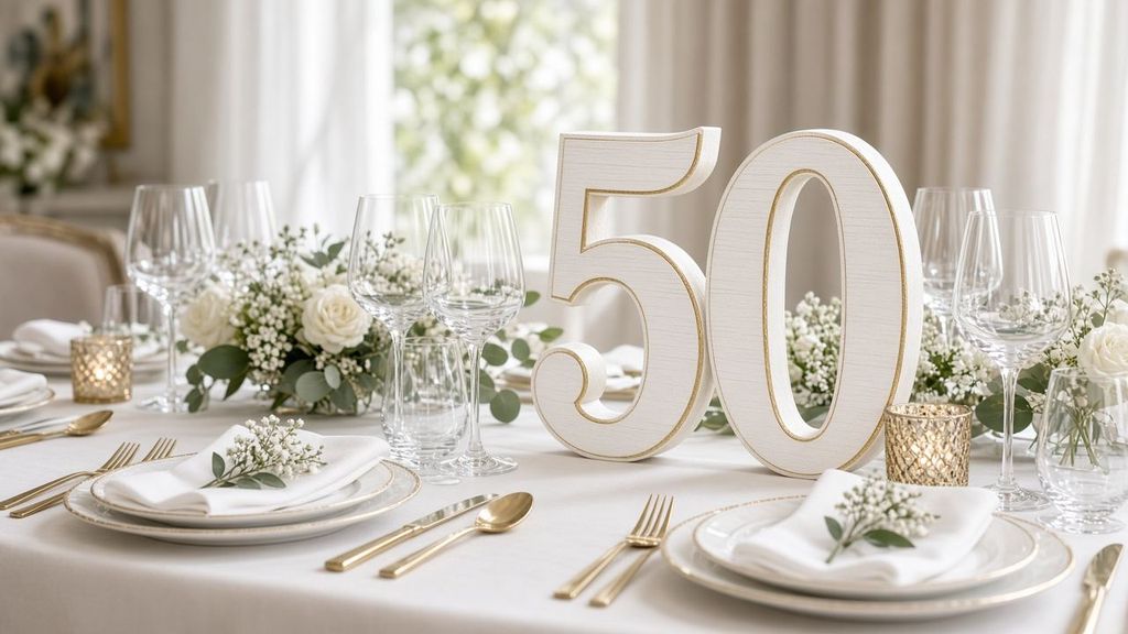 Holzzahl 50 in Weiß und Gold als Tischdeko auf einer gedeckten Festtafel