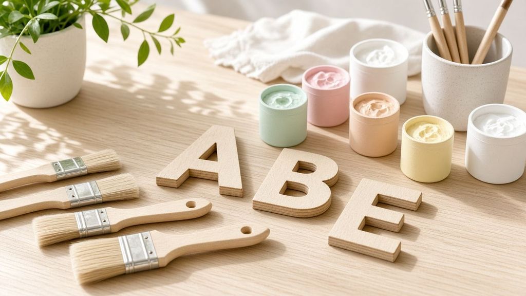 Unbemalte Holzbuchstaben A, B und E mit Pinseln und Acrylfarben auf einem Basteltisch