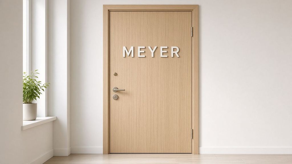 Holzbuchstaben MEYER als Namensschild an einer hellen Holztür
