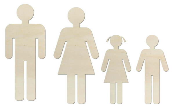 Toilettenschilder Mann, Frau, Mädchen & Junge aus Holz zum Bemalen – 21 cm hoch