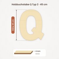 Holzbuchstabe Q zum Bemalen – Typ 2, 45 cm hoch, 4 mm stark