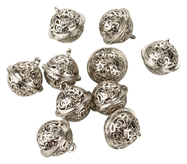 Glöckchen mit Ornamenten 18 mm – 10 Stück, Metall, silberfarben
