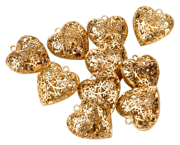 Glöckchen in Herzform mit Ornamenten 29 mm – 10 Stück, goldfarben