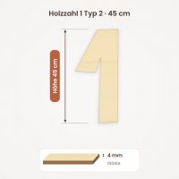 Holzzahl 1 zum Bemalen – Typ 2, 45 cm hoch, Pappelsperrholz 4 mm