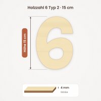 Holzzahl 6 zum Bemalen – Typ 2, 15 cm hoch, Pappelsperrholz 4 mm