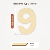 Holzzahl 9 zum Bemalen – Typ 2, 20 cm hoch, Pappelsperrholz 4 mm