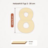 Holzzahl 8 zum Bemalen – Typ 2, 30 cm hoch, Pappelsperrholz 4 mm