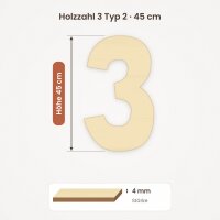 Holzzahl 3 zum Bemalen – Typ 2, 45 cm hoch, Pappelsperrholz 4 mm