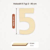 Holzzahl 5 zum Bemalen – Typ 2, 45 cm hoch, Pappelsperrholz 4 mm