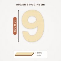 Holzzahl 9 zum Bemalen – Typ 2, 45 cm hoch, Pappelsperrholz 4 mm