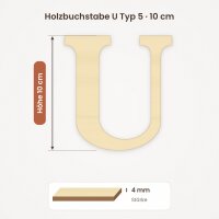 Holzbuchstabe U zum Bemalen – Typ 5, 10 cm hoch, Pappelsperrholz 4 mm
