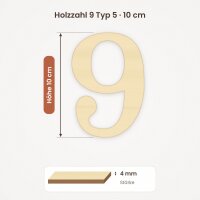 Holzzahl 9 zum Bemalen – Typ 5, 10 cm hoch, Pappelsperrholz 4 mm