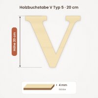 Holzbuchstabe V zum Bemalen – Typ 5, 20 cm hoch, Pappelsperrholz 4 mm