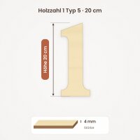 Holzzahl 1 zum Bemalen – Typ 5, 20 cm hoch, Pappelsperrholz 4 mm