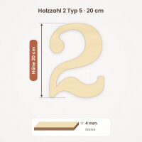 Holzzahl 2 zum Bemalen – Typ 5, 20 cm hoch, Pappelsperrholz 4 mm