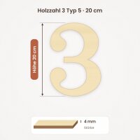 Holzzahl 3 zum Bemalen – Typ 5, 20 cm hoch, Pappelsperrholz 4 mm