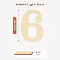 Holzzahl 6 zum Bemalen – Typ 5, 20 cm hoch, Pappelsperrholz 4 mm