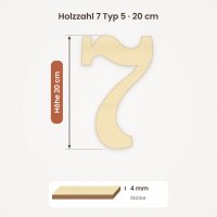 Holzzahl 7 zum Bemalen – Typ 5, 20 cm hoch, Pappelsperrholz 4 mm