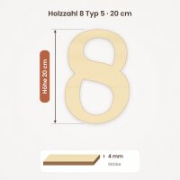 Holzzahl 8 zum Bemalen – Typ 5, 20 cm hoch, Pappelsperrholz 4 mm