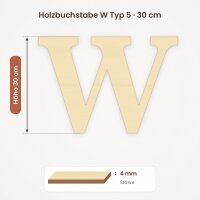 Holzbuchstabe W zum Bemalen – Typ 5, 30 cm hoch, Pappelsperrholz 4 mm