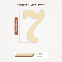 Holzzahl 7 zum Bemalen – Typ 5, 30 cm hoch, Pappelsperrholz 4 mm