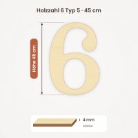 Holzzahl 6 zum Bemalen – Typ 5, 45 cm hoch, Pappelsperrholz 4 mm