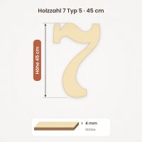 Holzzahl 7 zum Bemalen – Typ 5, 45 cm hoch, Pappelsperrholz 4 mm