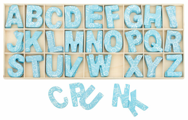 Buchstabenkasten aus Holz – 104 Buchstaben, je 4 × A–Z, 5,4 cm hoch, blau