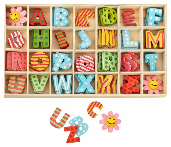 Buchstabenkasten bunt mit Blumen – 104 Holzbuchstaben, 2,5 cm hoch, mit Klebepunkten