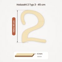 Holzzahl 2 zum Bemalen – Typ 3, 45 cm hoch, 4 mm stark
