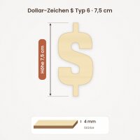 Dollarzeichen $ aus Holz zum Bemalen – Typ 6, 75 mm hoch