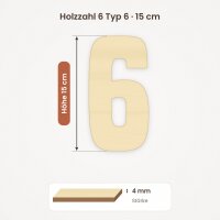 Holzzahl 6 zum Bemalen – Typ 6, 15 cm hoch