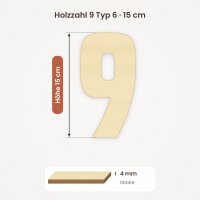Holzzahl 9 zum Bemalen – Typ 6, 15 cm hoch