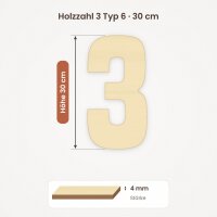 Holzzahl 3 zum Bemalen – Typ 6, 30 cm hoch
