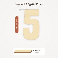 Holzzahl 5 zum Bemalen – Typ 6, 30 cm hoch