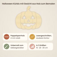 Halloween Kürbis mit Gesicht aus Holz zum Bemalen, Pappelsperrholz 4 mm