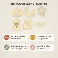 Halloween Mix-Set aus Holz zum Bemalen – 6 Motive, Pappelsperrholz 4 mm