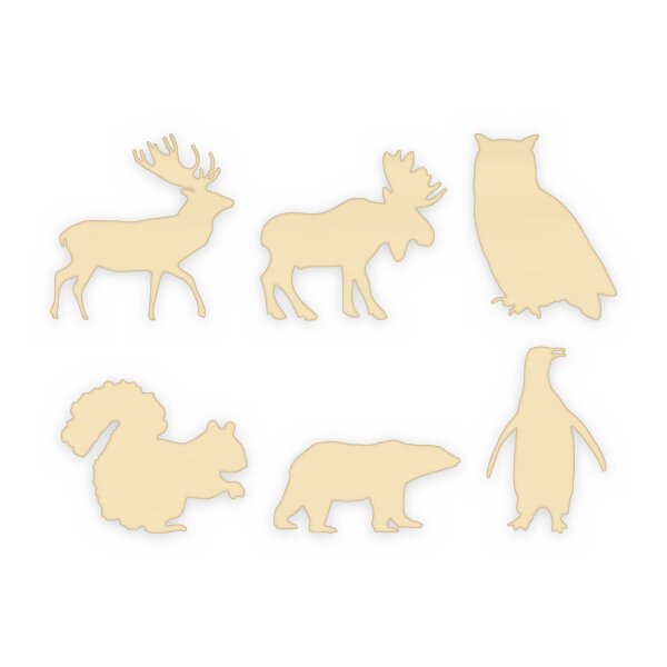 Winter-Waldtiere Mix-Set aus Holz zum Bemalen – 6 Tiere, Pappelsperrholz 4 mm