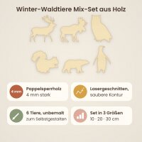 Winter-Waldtiere Mix-Set aus Holz zum Bemalen – 6 Tiere, Pappelsperrholz 4 mm