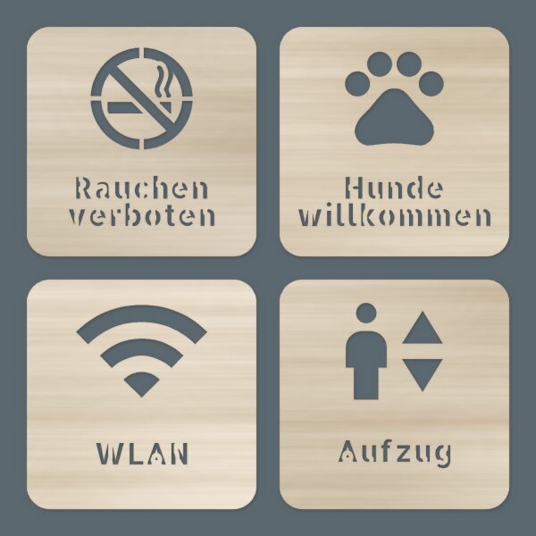 Piktogramm-Schilder aus Holz – Rauchen verboten, Hunde willkommen, WLAN, Aufzug, Pappelsperrholz 4 mm