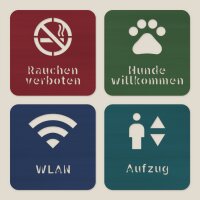 Piktogramm-Schilder aus Holz – Rauchen verboten, Hunde willkommen, WLAN, Aufzug, Pappelsperrholz 4 mm