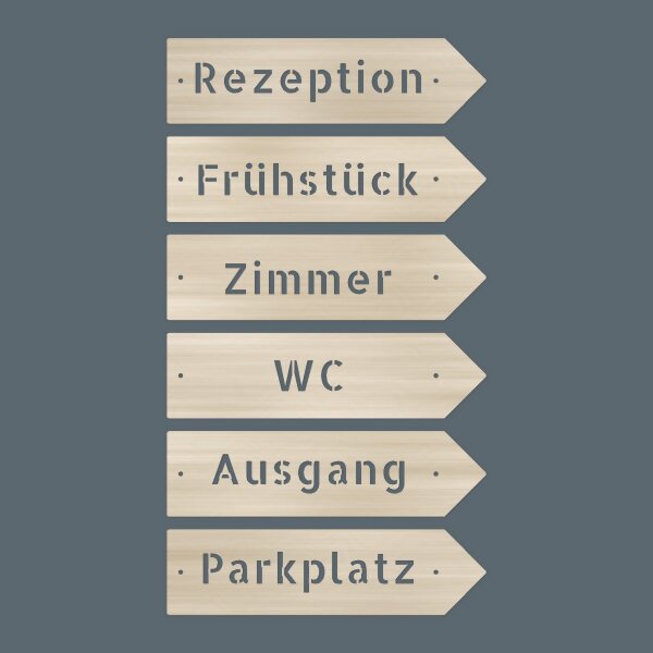 Wegweiser aus Holz in Pfeilform – Rezeption, Frühstück, Zimmer, WC, Ausgang, Parkplatz, Pappelsperrholz 4 mm