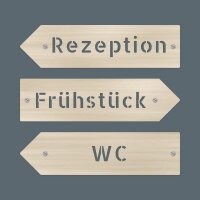 Wegweiser aus Holz in Pfeilform – Rezeption, Frühstück, Zimmer, WC, Ausgang, Parkplatz, Pappelsperrholz 4 mm