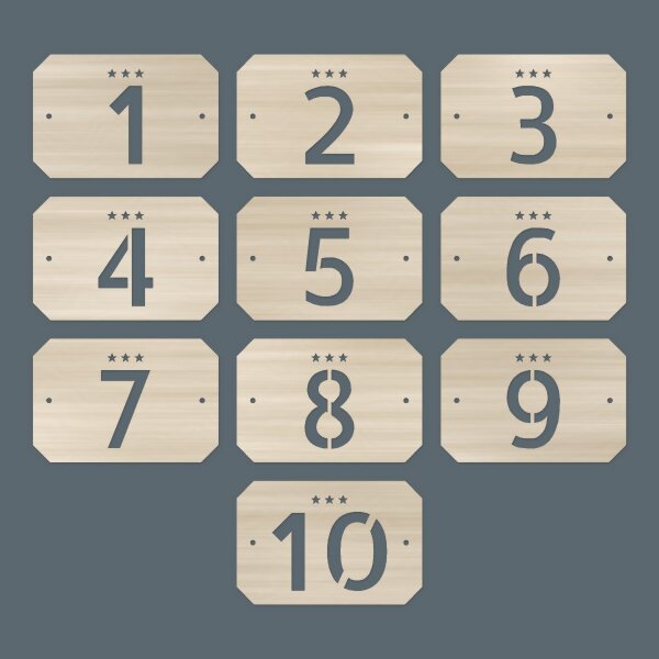 Zimmernummernschild aus Holz im Retro-Hotelstil – Nummer 1–10, 10er-Set, Pappelsperrholz 4 mm