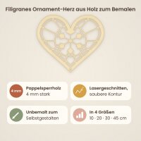 Filigranes Ornament-Herz aus Holz zum Bemalen – 3er-Set 10 cm oder einzeln 20 / 30 / 45 cm, Pappelsperrholz 4 mm
