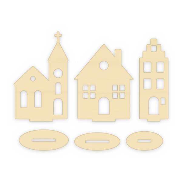 Weihnachtsdorf aus Holz zum Aufstellen – 3er-Set Kirche, Giebelhaus und Stadthaus mit Standfüßen – 15, 25 oder 35 cm, Pappelsperrholz 4 mm