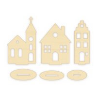Weihnachtsdorf aus Holz zum Aufstellen – 3er-Set Kirche, Giebelhaus und Stadthaus mit Standfüßen – 15, 25 oder 35 cm, Pappelsperrholz 4 mm