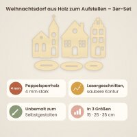 Weihnachtsdorf aus Holz zum Aufstellen – 3er-Set Kirche, Giebelhaus und Stadthaus mit Standfüßen – 15, 25 oder 35 cm, Pappelsperrholz 4 mm
