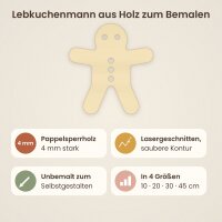 Lebkuchenmann aus Holz zum Bemalen – 3er-Set 10 cm oder einzeln 20 / 30 / 45 cm, Pappelsperrholz 4 mm