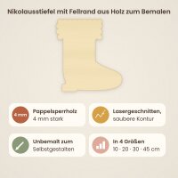 Nikolausstiefel mit Fellrand aus Holz zum Bemalen – 3er-Set 10 cm oder einzeln 20 / 30 / 45 cm, Pappelsperrholz 4 mm